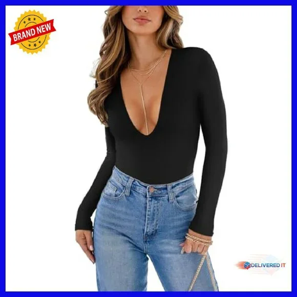 Long Sleeve Plunge V-Neck Bodysuit Double Lined Sexy Going Out Top
